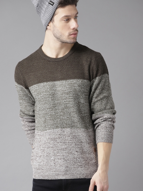 

Roadster Men Grey & Olive Green Colourblocked Sweater