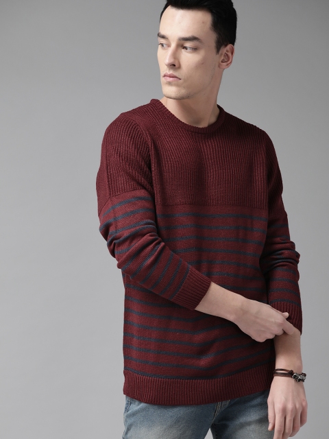 

Roadster Men Maroon & Navy Blue Striped Sweater