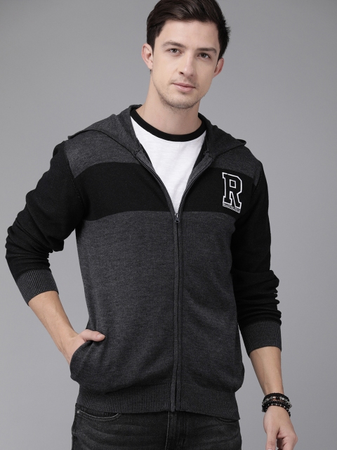 

The Roadster Lifestyle Co Men Grey Melange & Black Colourblocked Front-Open Sweater