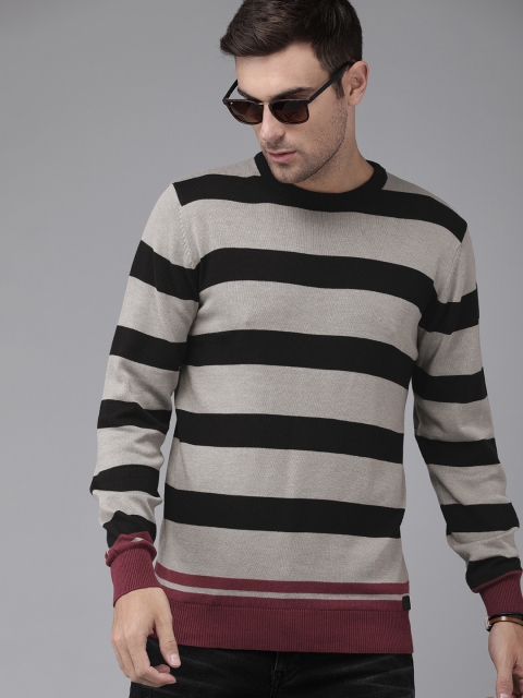 

Roadster Men Grey & Black Striped Pullover Sweater