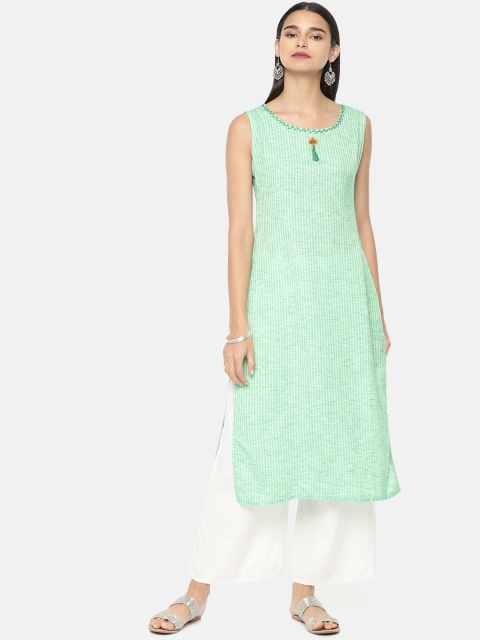 

Soch Women Green & White Striped Straight Kurta