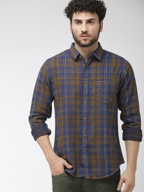 

The Indian Garage Co Men Navy Blue & Khaki Brown Regular Fit Checked Casual Shirt