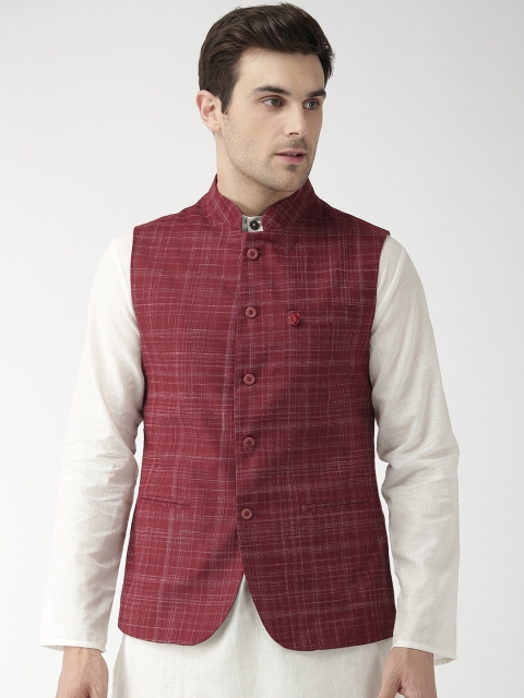 

The Indian Garage Co Men Maroon Woven Design Pure Cotton Nehru Jacket