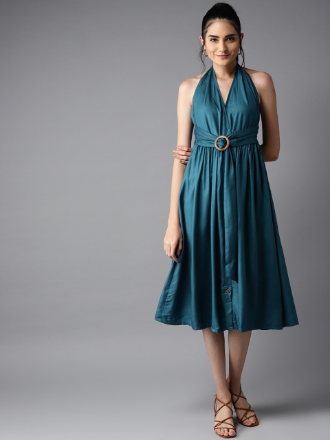 

Moda Rapido Women Teal Blue Solid A-Line Dress
