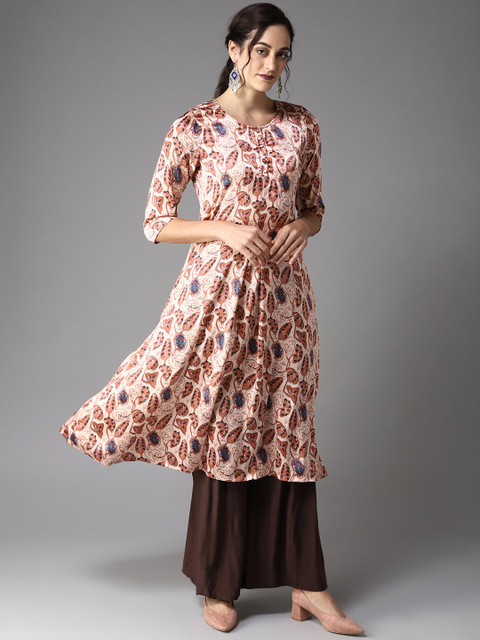 

Moda Rapido Women Peach-Coloured & Rust Orange Printed A-Line Kurta