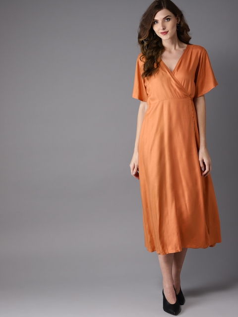 

Moda Rapido Women Rust Orange Solid Wrap Dress