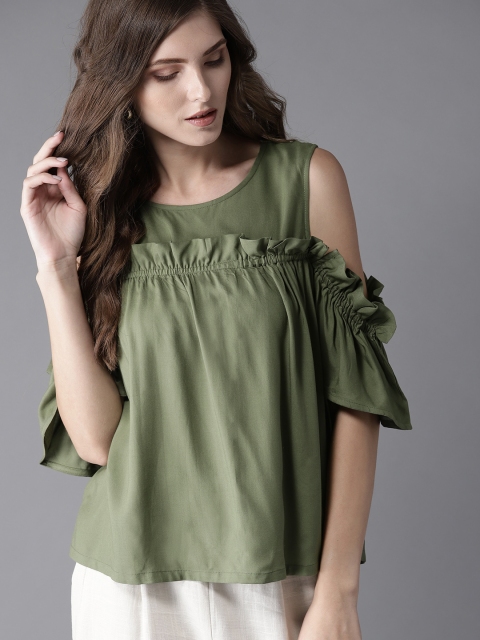 

Moda Rapido Women Olive Green Solid Cold-Shoulder Top