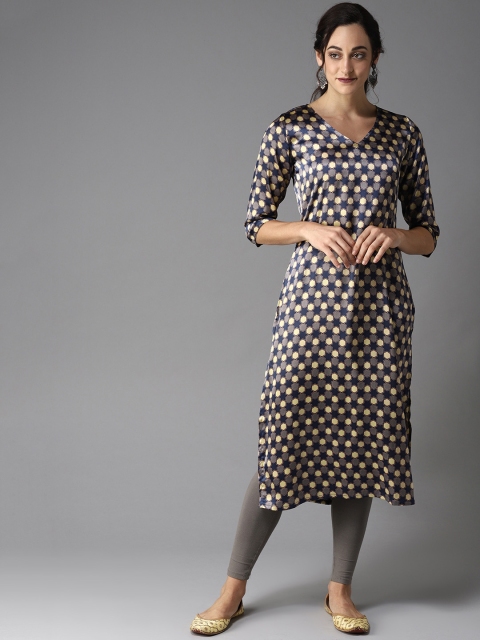 

Moda Rapido Women Navy Blue & Yellow Printed Straight Kurta