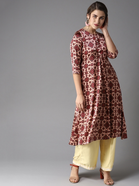 

Moda Rapido Women Peach-Coloured & Rust Red Printed A-Line Kurta