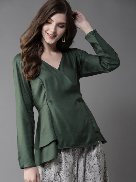 

Moda Rapido Women Green Solid Wrap Top