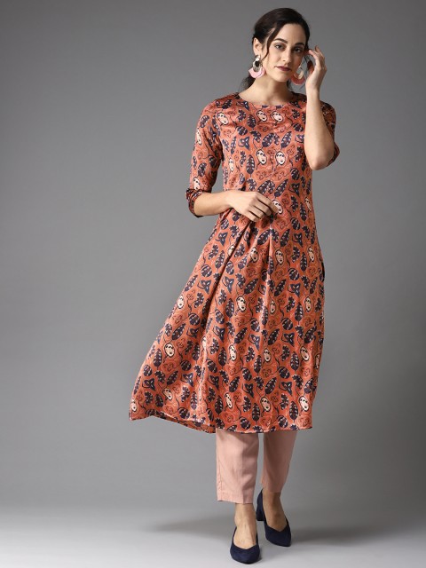 

Moda Rapido Women Rust Brown & Navy Blue Printed A-Line Kurta