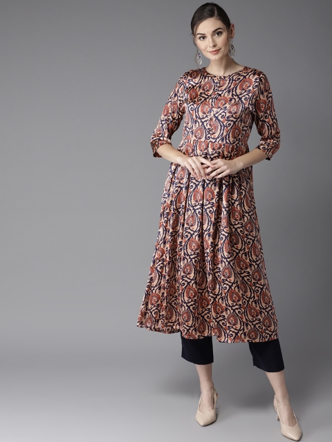 

Moda Rapido Women Peach-Coloured & Navy Blue Printed A-Line Kurta