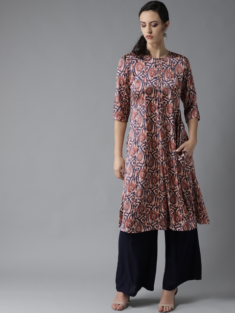 

Moda Rapido Women Peach-Coloured & Navy Printed A-Line Kurta