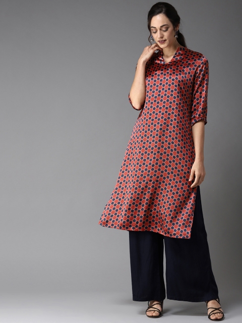 

Moda Rapido Women Rust Red & Navy Blue Printed Straight Kurta