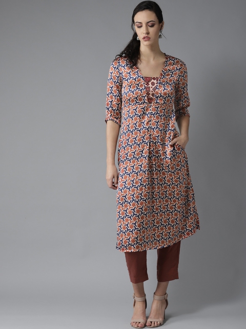 

Moda Rapido Women Orange & Navy Blue Printed Satin Finish Straight Kurta