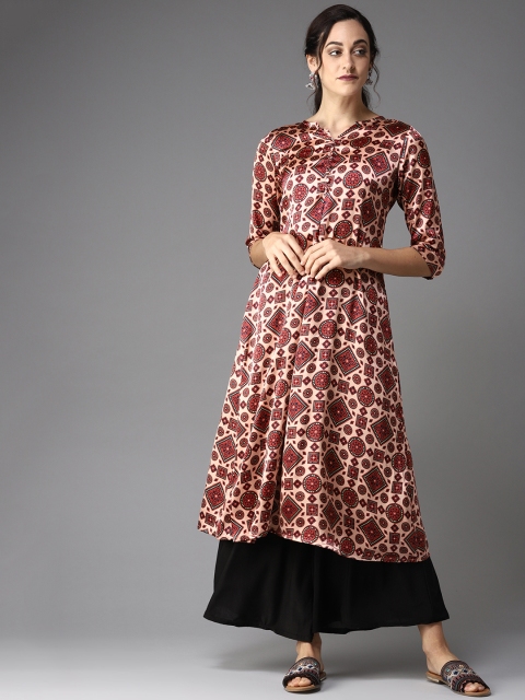 

Moda Rapido Women Peach-Coloured & Rust Red Printed A-Line Kurta