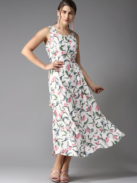 

Moda Rapido Women White & Green Tropical Printed Midi A-Line Dress