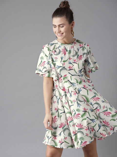

Moda Rapido Women Off-White & Green Floral Printed Fit and Flare Dress