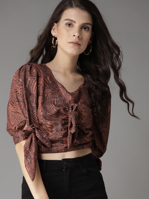 

Moda Rapido Women Rust Orange & Black Printed Blouson Crop Top