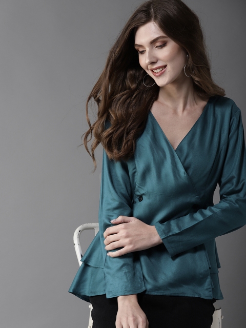 

Moda Rapido Women Teal Blue Solid Wrap Top