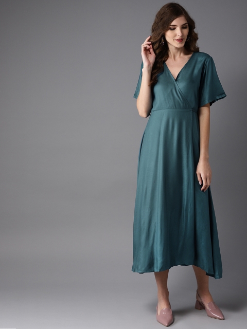 

Moda Rapido Women Teal Blue Solid Wrap Dress