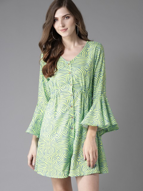 

Moda Rapido Women Green & Blue Printed A-Line Dress