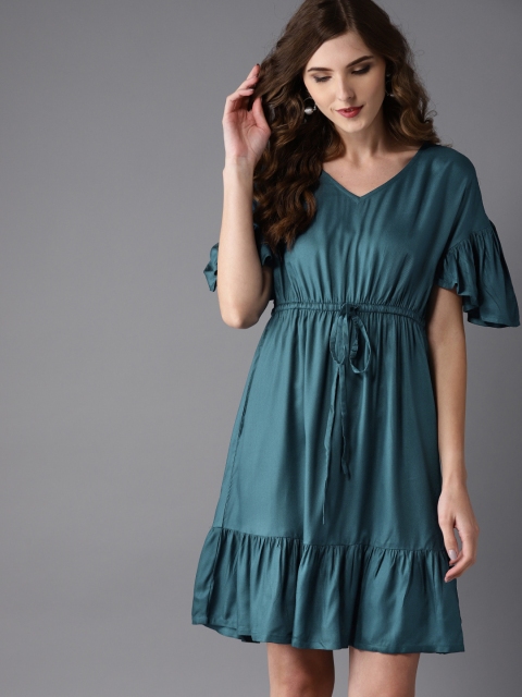 

Moda Rapido Women Teal Blue Solid Empire Dress