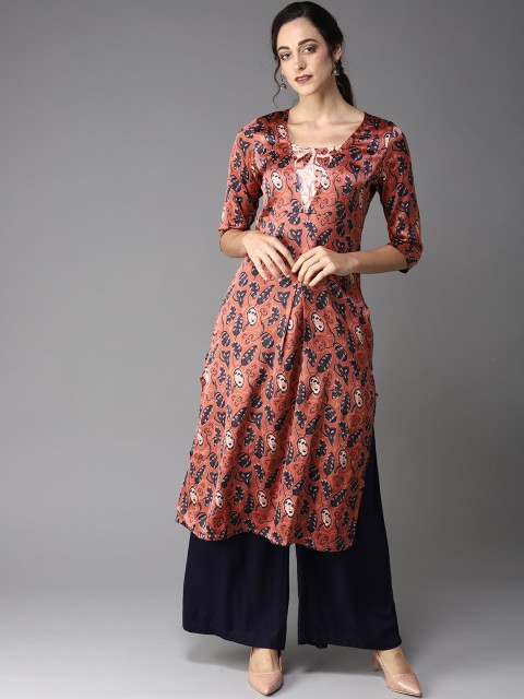

Moda Rapido Women Rust Orange & Navy Blue Printed Straight Kurta