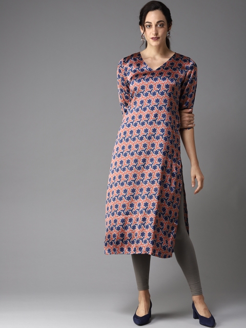 

Moda Rapido Women Rust Orange & Navy Blue Printed Straight Kurta