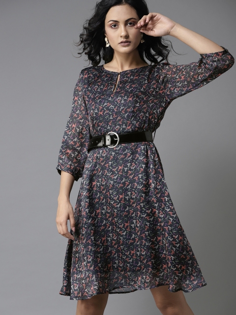 

Moda Rapido Women Navy Blue & Red Floral Printed A-Line Dress