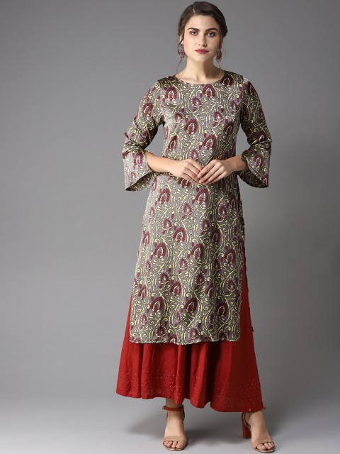 

Moda Rapido Women Grey & Maroon Printed Straight Kurta
