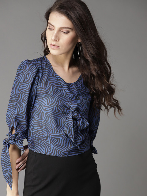 

Moda Rapido Women Blue & Black Printed Blouson Crop Top