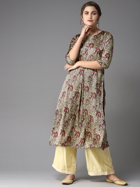 

Moda Rapido Women Grey & Maroon Printed Pleated A-Line Kurta