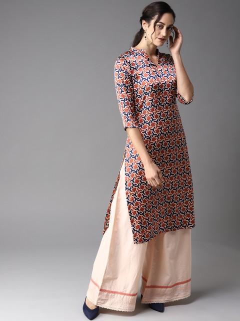 

Moda Rapido Women Rust Brown & Navy Blue Printed Straight Kurta
