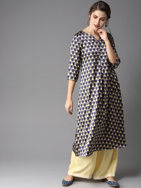 

Moda Rapido Women Navy Blue & Yellow Printed A-Line Kurta