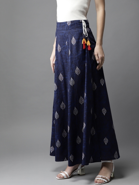Navy Blue & White Printed Pure Cotton Maxi Flared Skirt
