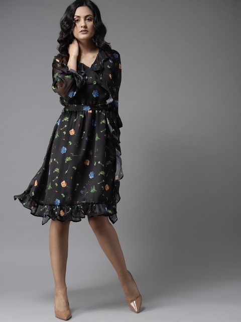 

Moda Rapido Women Black & Green Floral Printed Wrap Dress