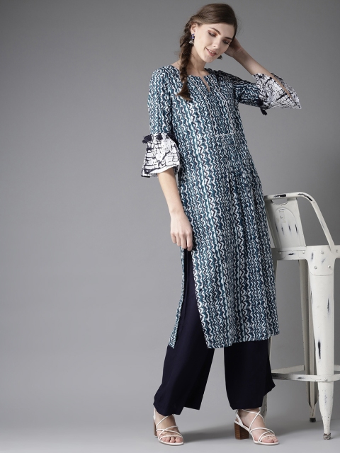 

Moda Rapido Women Blue & White Chevron Print Straight Kurta