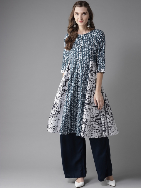 

Moda Rapido Women White & Blue Printed A-Line Kurta