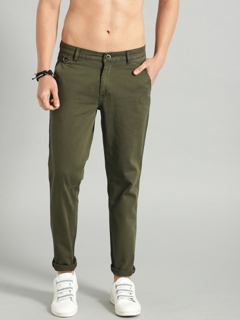 

Roadster Men Olive Green Self-Design Trousers