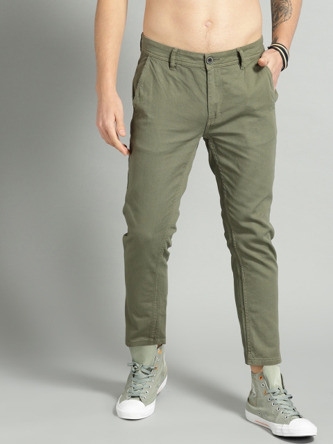 

Roadster Men Olive Green Slim Fit Textured Regular Trousers