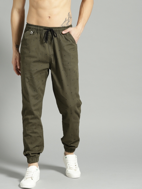 

Roadster Men Olive Green & Black Regular Fit Printed Joggers