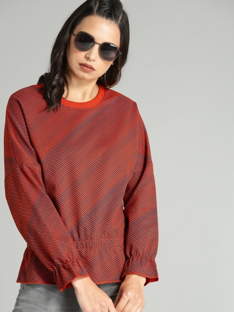 

The Roadster Lifestyle Co Women Red & Navy Blue Striped Cinched Waist Top