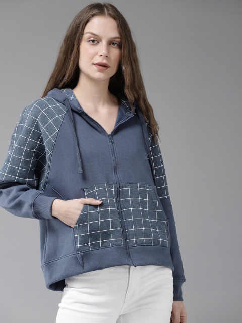 

The Roadster Lifestyle Co Women Blue Checked Hooded Sweatshirt