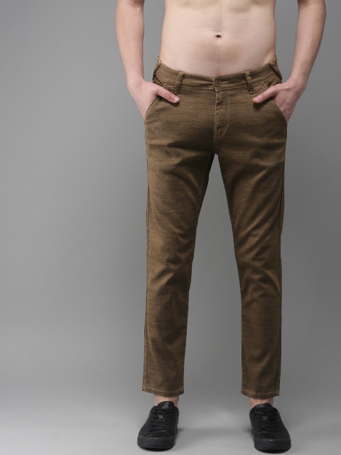 Men Brown Regular Fit Textured Ankle-Length Regular Trousers