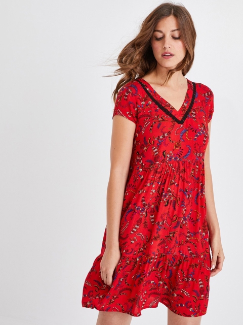 

promod Women Red Printed Tiered Fit and Flare Dress