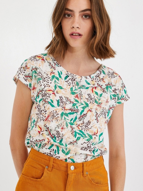 

promod Women White & Green Printed Top