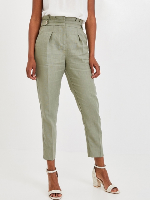 

promod Women Olive Green Regular Fit Solid Regular Trousers