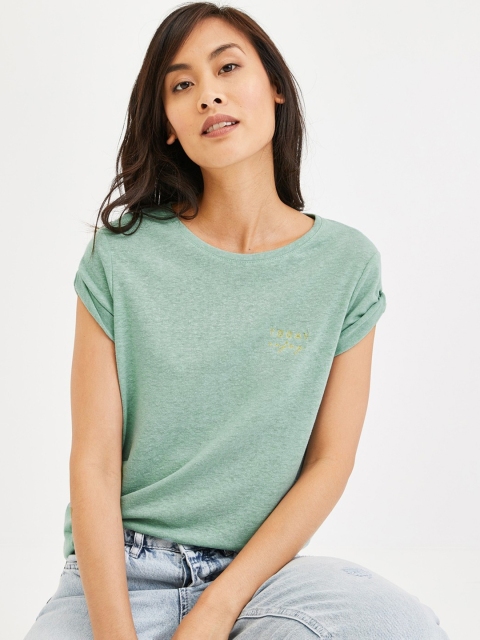 

promod Women Sea Green Solid Round Neck T-shirt