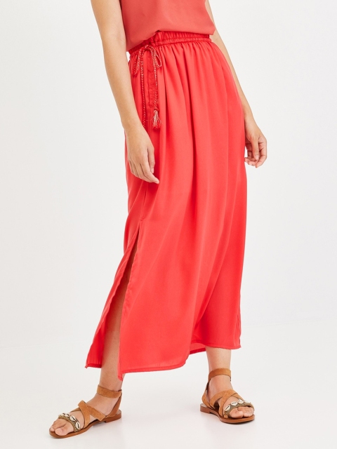 

promod Women Coral Red Solid Flared Skirt